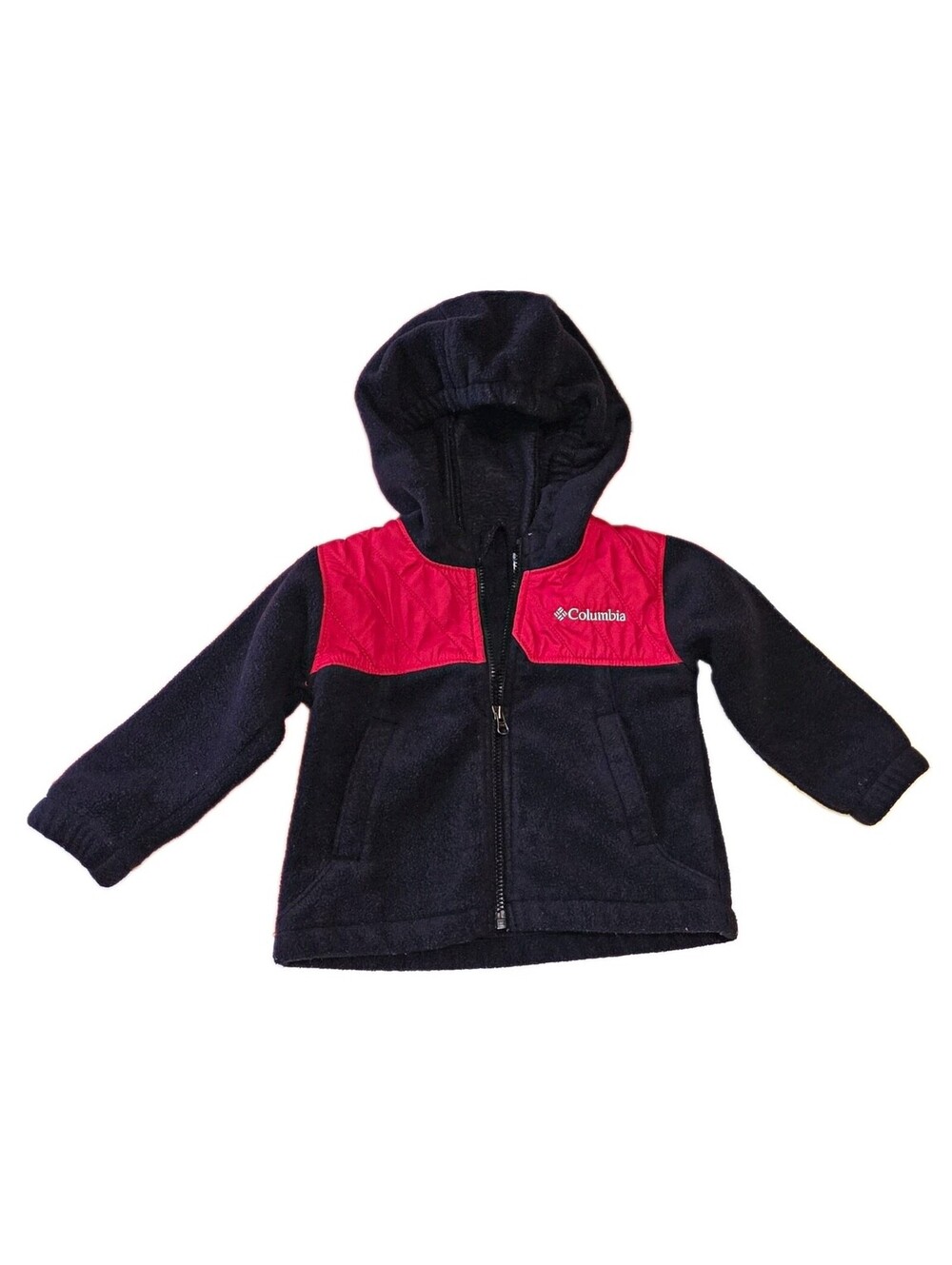 Columbia Black Red Colorblock Hooded Fleece Jacket Full Zip Pockets - 12 Mon